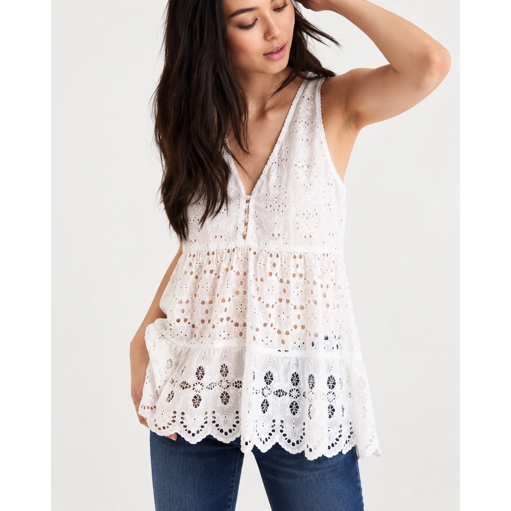 American Eagle Eyelet Babydoll Top L White Women Boho Embroidered Summer Tank